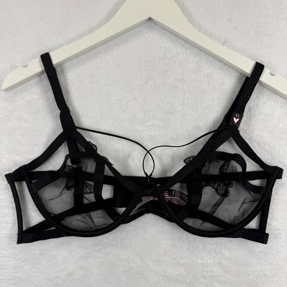 Victorias Secret Very Sexy Black Butterfly Mesh Strappy Low Cut Demi Bra XL NEW